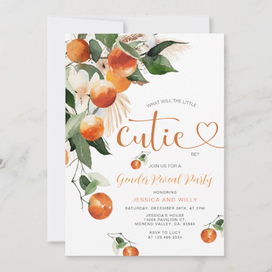 Invitation Citrus Orange Lui ou Elle Verdure Genre Reveal (Devant)