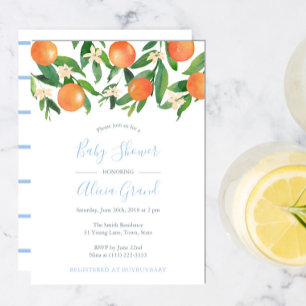 Invitation Citrus Oranges Poudre Blue Accents Baby shower gar