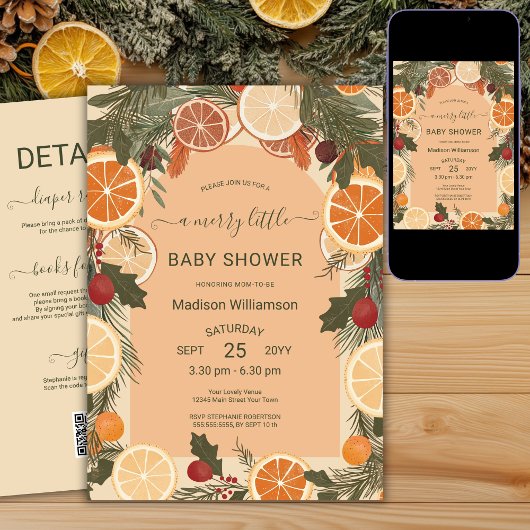 Invitation Citrus séché moderne Joyeux petit Baby shower QR