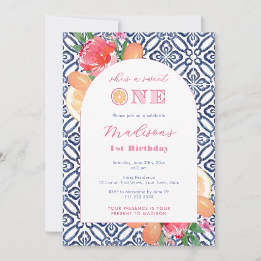 Invitation Citrus Sweet One Blue Tile 1er Anniversaire (Devant)