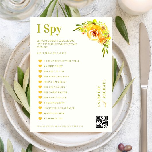 Invitation Citrus Yellow Floral Wedding I Spy Hunt Game Card
