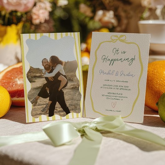 Invitation Citrus Yellow Green Ribbon Bow Photo Wedding