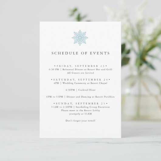 INVITATION CLAIR BLEU SNOWFLAKE MARIAGE HORAIRE DES ÉVÉNEMENT (Debout devant)