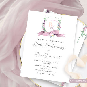 Invitation Clair Dusty Purple, Mauve, Mariage Monogramme Rose