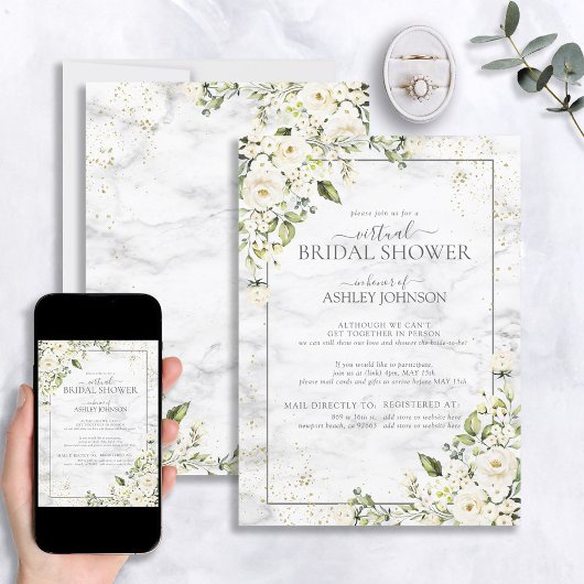 Invitation Clair Gris Blanc Floral Marbre Or Douche virtuelle