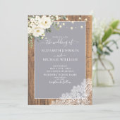 Invitation Clair gris rustique Script dentelle Mariage photo (Debout devant)