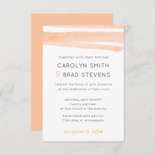 Invitation Clair rose Blush or moderne Aquarelle Mariage (Devant / Derrière)