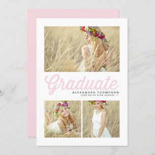 Invitation Clair rose rétro Script Trois diplômes photo