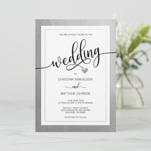 Invitation Clair Simple Noir & Coeur Blanc Mariage Argent (Debout devant)