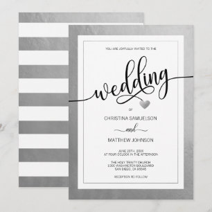 Invitation Clair Simple Noir & Coeur Blanc Mariage Argent