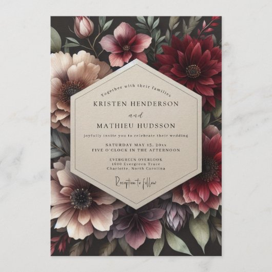 Invitation Claret Opulent Flora Wedding (Devant)