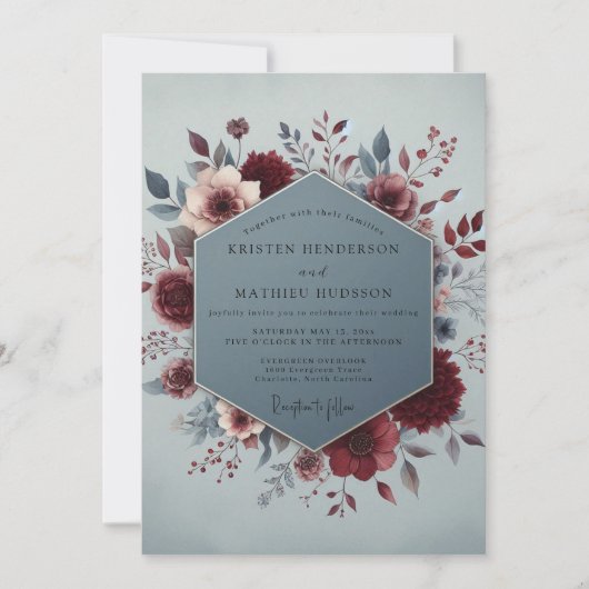 Invitation Claret Slate Painterly Bloom Wedding (Devant)