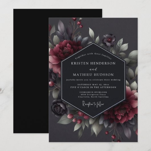 Invitation Claret Somber Flora Wedding (Devant / Derrière)