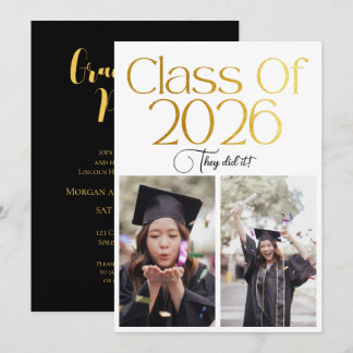 Invitation Class of 2026 2 Photo Twins Black Gold Typography
