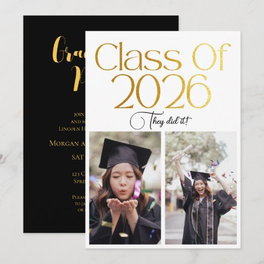 Invitation Class of 2026 2 Photo Twins Black Gold Typography (Devant / Derrière)
