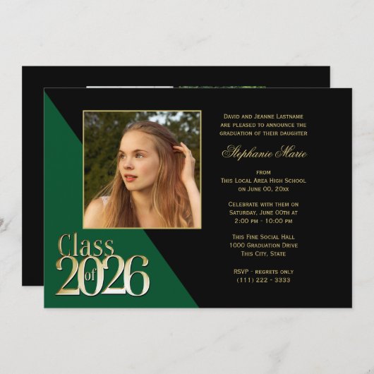 Invitation Class of 2026 Gold Grad Green with Photo (Devant / Derrière)