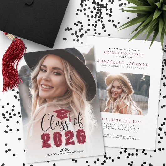 Invitation Class Of 2026 Red Graduate Photo Graduation