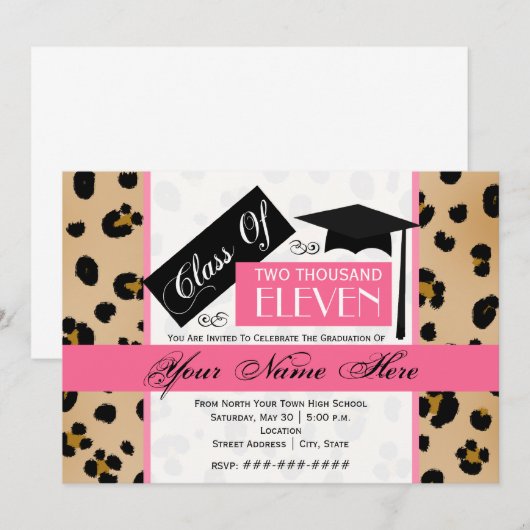 Invitation Classe 2011 Empreinte de léopard et Pink (Devant / Derrière)