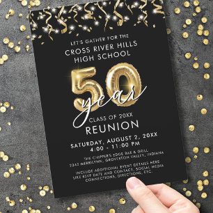 Invitation Classe 50 ans Retrouvailles Black Gold Streamers