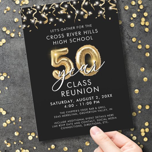 Invitation Classe 50 ans Retrouvailles Black Gold Streamers