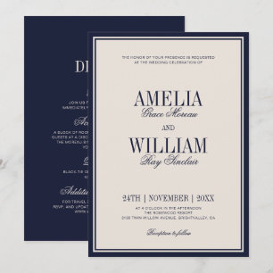 Invitation Classe Argent Ancien Bleu Nuit Crème Mariage