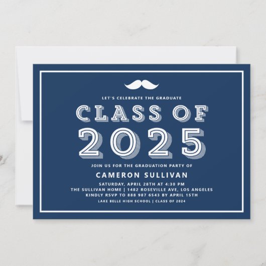 Invitation Classe Bleue Marine de 2025 Mustache Rétro Graduat (Devant)