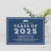 Invitation Classe Bleue Marine de 2025 Mustache Rétro Graduat (Debout devant)