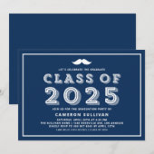 Invitation Classe Bleue Marine de 2025 Mustache Rétro Graduat (Devant / Derrière)