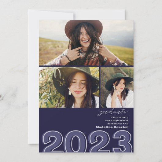 Invitation Classe Bold de 2023 script bleu photos graduation (Dos)