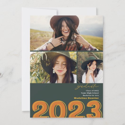 Invitation Classe Bold de 2023 script vert photos graduation (Dos)