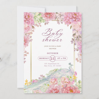 Invitation Classé Chic Floral Baby shower à cadre doré