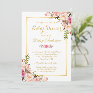 Invitation Classé Chic Floral Baby shower à cadre doré
