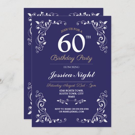 Invitation Classe d'anniversaire Elegant Marine White 60e (Devant / Derrière)
