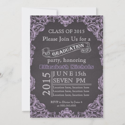 Invitation Classe de 2015 chalkboard lavender graduation (Devant)