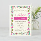 Invitation Classe de 2015 frontière florale rose et aqua (Debout devant)