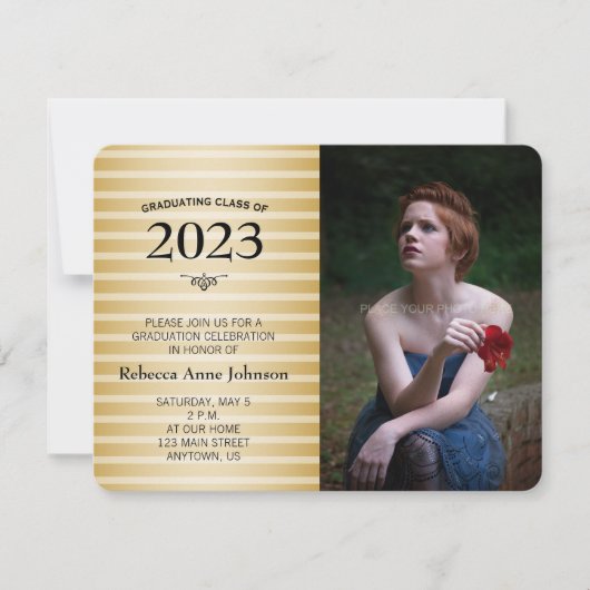 Invitation Classe de 2016, Gold Stripes Photo Graduation (Devant)