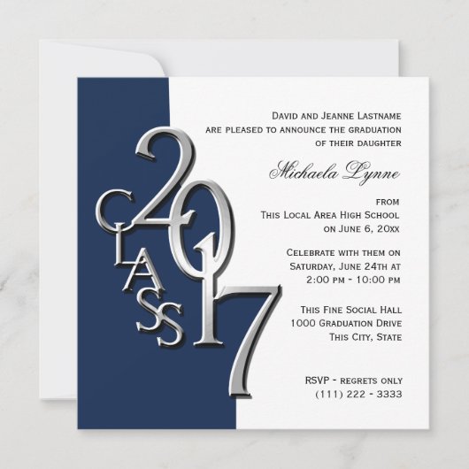 Invitation Classe de 2017 Graduation Blue Silver (Devant)