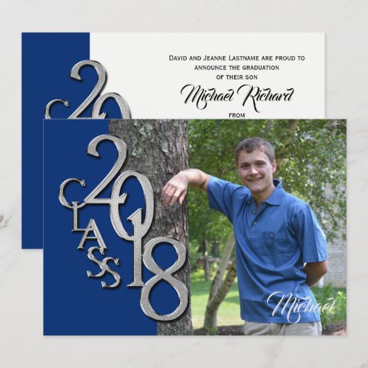 Invitation Classe de 2018 Photo Graduation Blue Silver (Devant / Derrière)