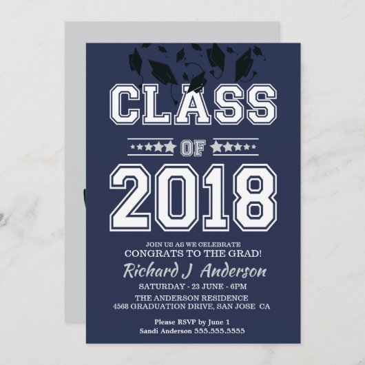 Invitation Classe de 2018 Silver and Blue Grad Party (Devant / Derrière)