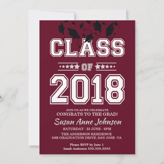 Invitation Classe de 2018 Silver and Burgundy Grad Party (Devant)