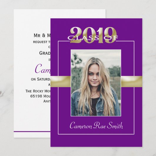 Invitation Classe de 2019 Purple & Gold Graduation Party (Devant / Derrière)