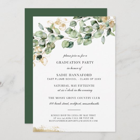 Invitation Classe de 2021 Eucalyptus Rustic Gold Graduation (Devant / Derrière)