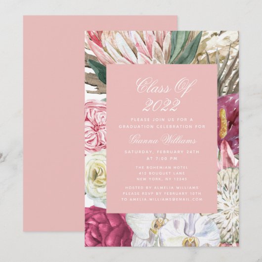 Invitation Classe de 2022 Aquarelle graduée Floral (Devant / Derrière)