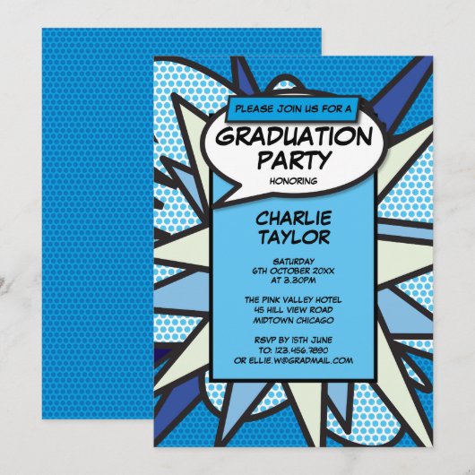 Invitation Classe de 2022 Graduation Party Comic Fun Blue (Devant / Derrière)