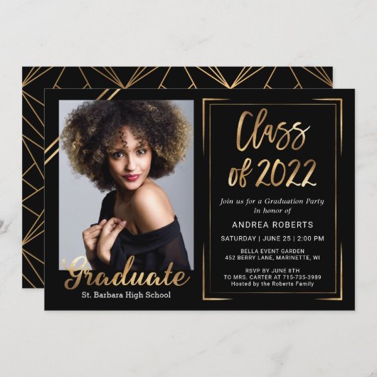Invitation Classe de 2022 Modern Black Gold Photo Graduation (Devant / Derrière)