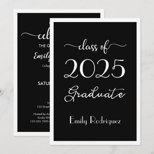 Invitation Classe De 2023 Black White Elegant Graduation Part (Devant / Derrière)