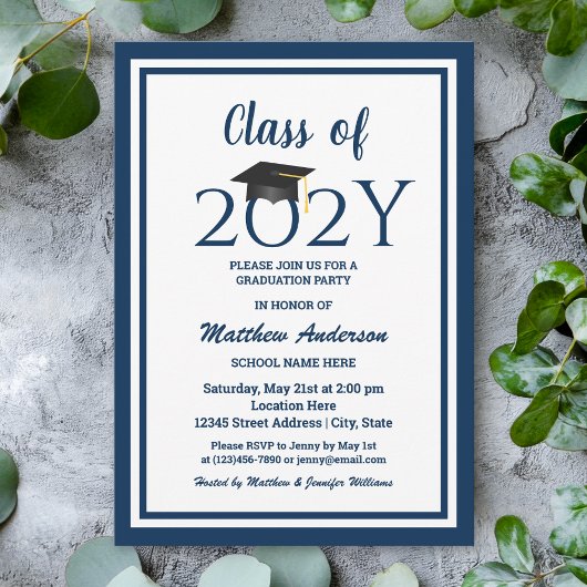 Invitation Classe de 2023 Elégant Navy Blue Graduation Party
