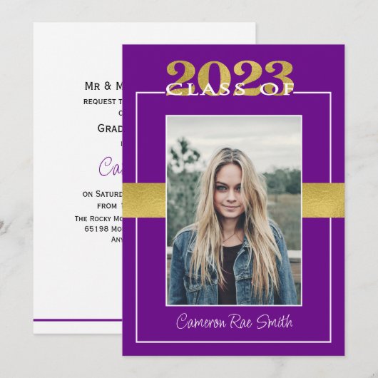 Invitation Classe de 2023 Purple & Gold Graduation Party (Devant / Derrière)