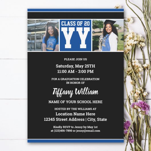 Invitation Classe de 2024 Blue Black Photo Collage Graduation