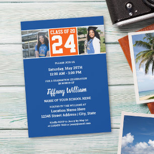 Invitation Classe de 2024 Blue Orange Graduation Photo Collag